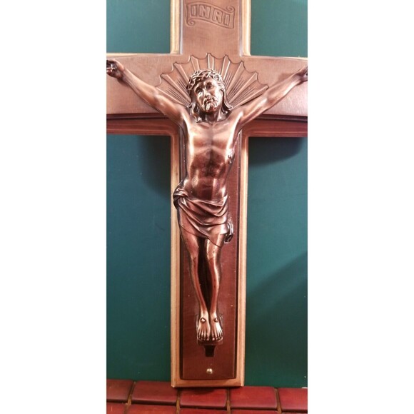 Vintage Curved Bronze Crucifix Casket Topper Mounted on Board 16.5"x9.75" - Picture 2 of 4